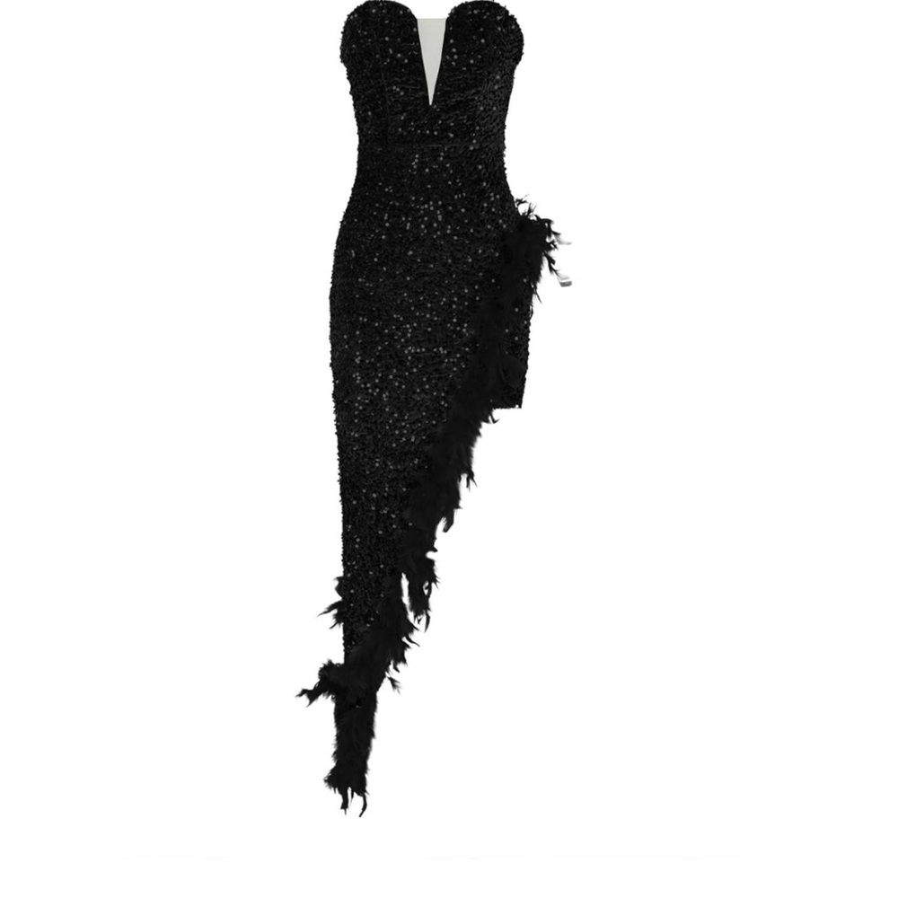 Women's Sequin Feather Dresses Evening Party Dress High Split Cocktail Dress - Picture 3 of 4